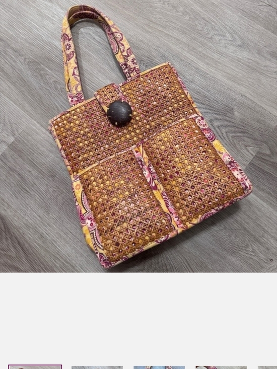Vera Bradley Handbags - Vera Bradley Woven Rattan Tote with Pink & Yellow Paisley Trim